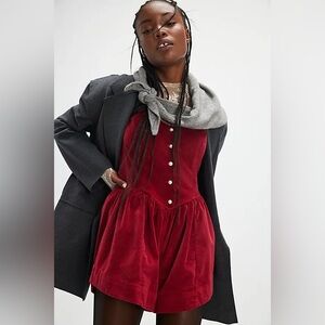 Free People Silver Bells Velvet Romper ✨ Red Size Small | pearl buttons